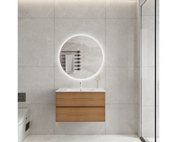 Badkamermeubel met wastafel Eiken 80 CM en 80 CM Ronde LED Badkamerspiegel - Complete Badkamermeubelset - Vestland