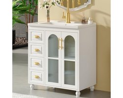 Badkamermeubel met wastafel - Onderkast met spoelbak - Opbergen in de badkamer - Glazen deurdetail - 80 cm breed - Wit