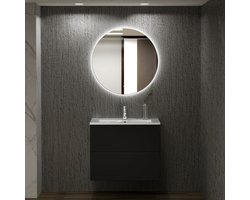 Badkamermeubel met wastafel Zwart 60 CM en Ronde LED Badkamerspiegel 60 CM - Complete Badkamermeubelset - Vestland