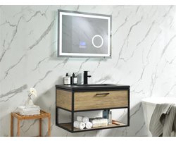 Badkamermeubel Model 1 - 80 cm - DonkerBruin Eiken - Bluetooth LED Spiegel - Industrieel