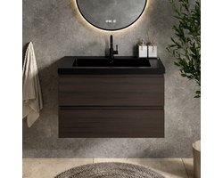 Badkamermeubel Sova - 80cm - Walnoot hout - Wastafel Wit Zwart