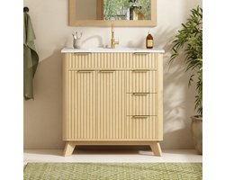 Badkamermeubel - Vrijstaand met Keramische Wastafel en Golffronten - 3 Laden, 2 Deuren - MDF - 81x47x90 Cm - Natuurlijk Hout