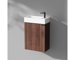 Badkamermeubel - walnootkleurig houten badkamermeubel met opbergruimte en wastafel - inclusief afvoerset, verstelbare planken, soft-close, wandgemonteerd - geschikt voor kleine badkamers (kranen niet inbegrepen)