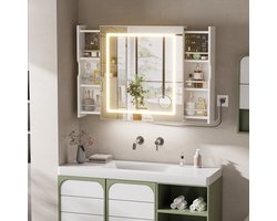 Badkamermeubel - Witte badkamerkast met spiegel - LED-badkamerkast met spiegel, 3 instelbare lichtkleuren, 40 cm, 3 legplanken, houten wandkast met spiegel, geschikt voor de badkamer en het interieur