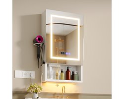 Badkamermeubel - Witte badkamerspiegelkast met ledverlichting, 3-kleurige aanraakbediening, 40 cm lange sensorbeleiding, inclusief houder voor haardroger, open legplanken, opbergkast voor in de badkamer