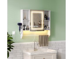 Badkamermeubel - Witte badkamerspiegelkast met ledverlichting, voorzien van een handdoekstang en een haardrogerhouder aan de onderkant, met drie instelbare lichtkleuren, geschikt voor gebruik in de badkamer of als kaptafel
