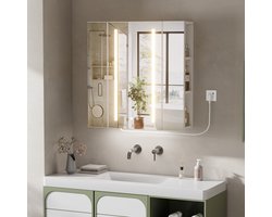 Badkamermeubel - Witte LED-badkamerspiegelkast Houten wandkast met verlichting - Condensvrij, 3 verlichtingsstanden, 10x vergrootglas, inclusief oplaadstation, 60 cm, geschikt voor de badkamer