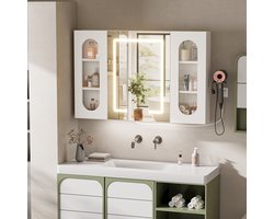 Badkamermeubel - Witte LED-kast met spiegel - Verlichting met drie instelbare kleuren, houten anticondensspiegel, wandkast met drie verlichte deuren - Geschikt voor de badkamer en het interieur