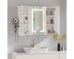 Badkamermeubel - Witte LED-spiegelkast met anticondensfunctie, instelbaar via een touchscreen met drie kleuren, inclusief oplaadstation, haardrogerhouder en verlichte houten wandkast, geschikt voor de badkamer