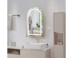 Badkamermeubels - Badkamerspiegel met verlichting - Wandkastje - Touchbediening - Driekleurige LED-verlichting - Houten wandkastje - Spiegelkastje met anticondenslaag - Europese standaardstekker - Wit