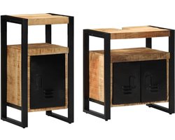 Badkamermeubelset 2-delig bruin met metalen frame, moderne badkamerkastset van massief mangohout, grote en kleine kast met vlakke deuren en lange handgrepen