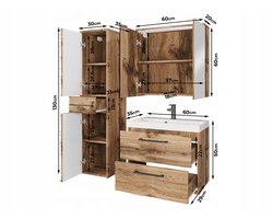 Badkamermeubelset - 4-delig - Wastafelmeubel 60 cm met Wastafel, Spiegelkast & Hoge Kast - MDF Cashmere Beige met Golfpatroon - Inclusief LED