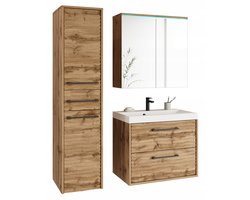 Badkamermeubelset - 4-delig - Wastafelmeubel 60 cm met Wastafel, Spiegelkast & Hoge Kast - MDF Wotan Eiken met Golfpatroon - Inclusief LED