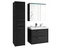 Badkamermeubelset - 4-delig - Wastafelmeubel 60 cm met Wastafel, Spiegelkast & Hoge Kast - MDF Zwart Mat met Golfpatroon - Inclusief LED