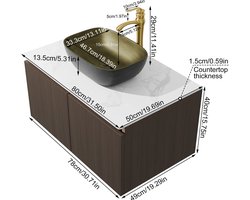 Badkamermeubelset 80 cm – Badmeubel – Wastafelmeubel – Wandmeubel – Zwevend Badmeubel – Keramische Wastafel – Topblad Gesinterd Steen