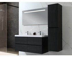 Badkamermeubelset Haviklux 120 cm - Donker hout - Dubbele wasbak - 1 zijkast - Incl. kranen