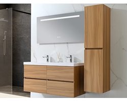 Badkamermeubelset Haviklux 120 cm - Licht hout - Dubbele wasbak - 1 zijkast - Incl. kranen
