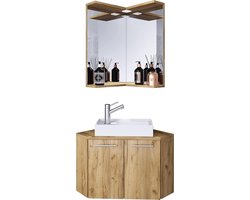 Badkamermeubelset - Hoekwastafel meubel - Gastentoilet inrichten - Ruimtewonder met spiegel - 50 x 50 x 95 cm - Honing eik