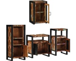 Badkamermeubelset met deur 4 stuks van robuust metaal, bestaande uit wastafelonderkast, badkamerkast, wandgemonteerde badkamerkast en plank. vlak bruin