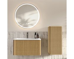 Badkamermeubelset met wastafel en LED-spiegel - Complete oplossing voor kleine badkamer - 80 cm - Eiken - Ronde antidamp spiegel - Verticale groeven - Voorgemonteerd