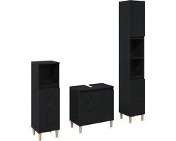 Badkamermeubelset | Opbergkast 3 st Zwart Eiken Geperst Hout en Metaal