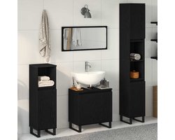 Badkamermeubelset | Opbergkast 3 st Zwart Eiken Geperst Hout en Metaal