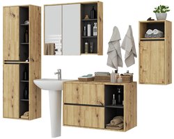 Badkamermeubelset VAMI 4-delige / hangende Badkamerkasten / 21 Planken en 2 Lades / Artisan Eik - Grafietgrijs / AKORD Furniture Factory