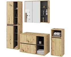 Badkamermeubelset VAMI 4-delige met twee Gaten voor Opzetwastafel / hangende Badkamerkasten / 21 Planken en 2 Lades / Artisan Eik - Grafietgrijs / AKORD Furniture Factory