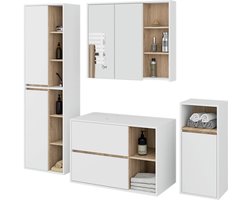 Badkamermeubelset VAMI 4-delige met twee Gaten voor Opzetwastafel / hangende Badkamerkasten / 21 Planken en 2 Lades / Wit – Sonoma Eik / AKORD Furniture Factory