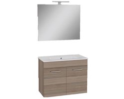 Badkamermeubelset Vitra Mia 80 cm - Cordoba houtlook - met deuren - inclusief spiegel met LED-verlichting en keramische VitrA wastafel