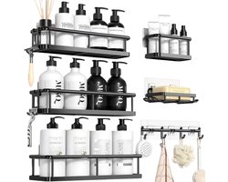 Badkamerplanken - 6 Stuks Set - Grote Capaciteit Badkamer Organisator - Zeep Houder met Haken - Shampoo Houder - Duurzaam - Installatie zonder ponsen - Zwart