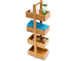 Badkamerrek bamboe opbergrek staand met 4 bakjes handdoeken - HBD 75 x 25 x 18 cm - natuurlijk hout opbergrek