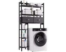 Badkamerrek met Lade - Vrijstaand Bamboe Toiletrek - Zwart Over-the-Toilet Opbergrek - 3 Verstelbare Opbergplanken - Ruimtebesparend Wandrek - Organizer Boven Toilet - Toiletmeubel Badkamerkast