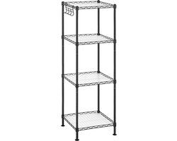 Badkamerrek, staand rek met 4 niveaus, opbergrek van metaal, tot 80 kg belastbaar, 4 PP-platen, afneembare haken, 30 x 30 x 102 cm, voor kleine ruimtes, zwart