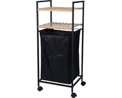 Badkamerrek - Wasmand - Badkamertrolley met wasmand - Op Wielen - Bamboe - Zwart - 38 x 32.5 x 89.5 cm