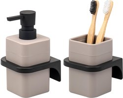 Badkamerset 2-delig - Badkameraccessoires - Hygiënisch Werken - Soft-touch Oppervlak - Beker 7x10.5x7cm - Taupe