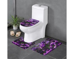 Badkamerset 3 Delig - Badmatten Set - Badkamer Decoratie - Bloemenprint - 15.7 x 23.8 inch - Paars