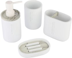 Badkamerset 4 Delig - Toilet accessoires Set - Kunsstof - Zeeppompje - Tandenborstelhouder - Zeepschaal - Beker - Wit