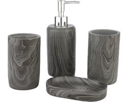 Badkamerset 4 Delig - Toiletaccessoires Set - Kunsstof - Zeeppompje - Tandenborstelhouder - Zeepschaal - Beker - Grijs