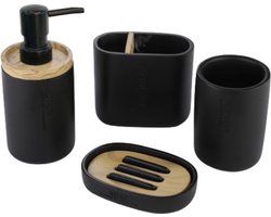 Badkamerset 4 Delig - Toiletaccessoires Set - Kunsstof - Zeeppompje - Tandenborstelhouder - Zeepschaal - Beker - Zwart