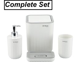 Badkamerset 4 Delig - Toiletaccessoires Set - Zeeppompje - Afvalemmer - Zeepschaal - Tandenborstelhouder - Beker - Wit