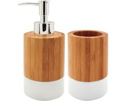 Badkamerset - bamboe - 2-delig - zeeppompje + beker - 17 cm - badkamer