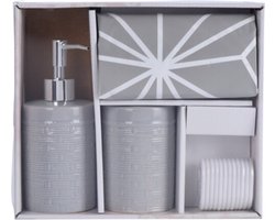 Badkamerset - grijs - keramiek - 3-delig - zeeppompje/beker/douchegordijn