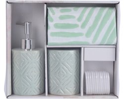 Badkamerset - groen - keramiek - 3-delig - zeeppompje / beker / douchegordijn