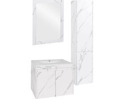 Badkamerset MCW-L86, wastafel wandspiegel wandmeubel wastafel, MVG gemelamineerd ~ marmer-look wit