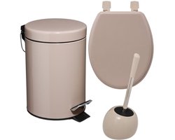 Badkamerset - Toiletaccessoires - Moderne Badkamer Accessoires - Toiletbril - Toiletborstel Set - Prullenbak - Beige Linnen HDF WC Bril & Keramische WC Borstelhouder - Taupe 3L Metalen Pedaalemmer