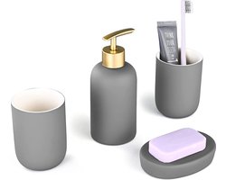 Badkamerset van keramiek, 4-delige badkamerset met zeepbakje, zeepdispenser, 340 ml, navulbaar en 2 x tandenborstelbeker 300 ml, badkan-accessoireset voor thuis, woning, slaapzaal, grijs