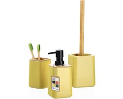 Badkamerset, zeepdispenser, tandenborstelbeker en wc-borstel in 6 kleurvarianten, modern badkameraccessoire met natuurlijke bamboe, badkameruitrusting (geel)