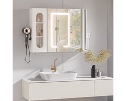 Badkamerspiegel - Badkamermeubel met spiegel - LED-ontwasemingsspiegel - Driekleurig touchscreen - Verstelbaar - 2 netstroom-/2 USB-poorten - Houten wandkast - Verlichte badkamerspiegel - Witte badkamerspiegel 80 cm x 60 cm x 16 cm