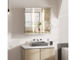 Badkamerspiegel - Badkamerspiegelkast - Anti-condens LED-spiegel - 10x vergrotende spiegel, driekleurige modus - Inclusief oplaadstation - 2 stopcontacten/2 USB-poorten - Witte badkamerspiegel - 80 x 16 x 80 cm